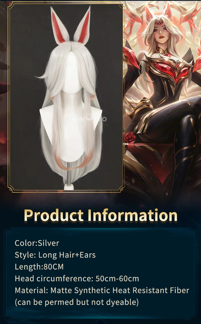 UWOWOW Ahri Wig Game League of Legends/LOL: Immortalized Legend Ahri Cosplay Wig Long Hair with Ear White Silver Hair 80CM