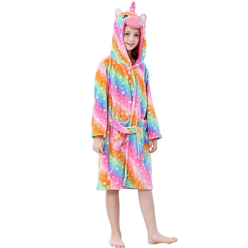 Toddler Boys Bathrobe Girl Sleepwear Winter Flannel Hooded Bath Towel Teen Dinosaur Cow Pjs Animal Pajamas Robe Children Clothes