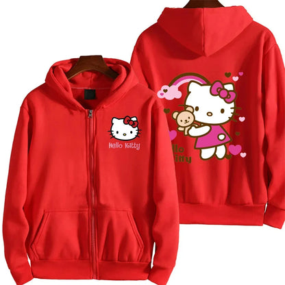 Women's Zipper Hoodie Autumn and Winter New Cute Kawaii Sanrio Hello Kitty Pattern Sweatshirt 2024 Streetwear Women's Clothing