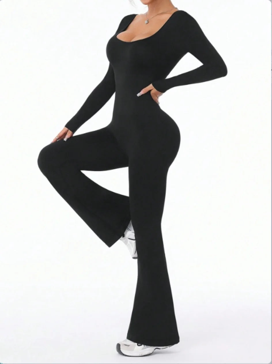 High Quality Solid Color Long Sleeve Compression Jumpsuit with Bell Bottom Pants Women’s Yoga Sportswear Push Up Set