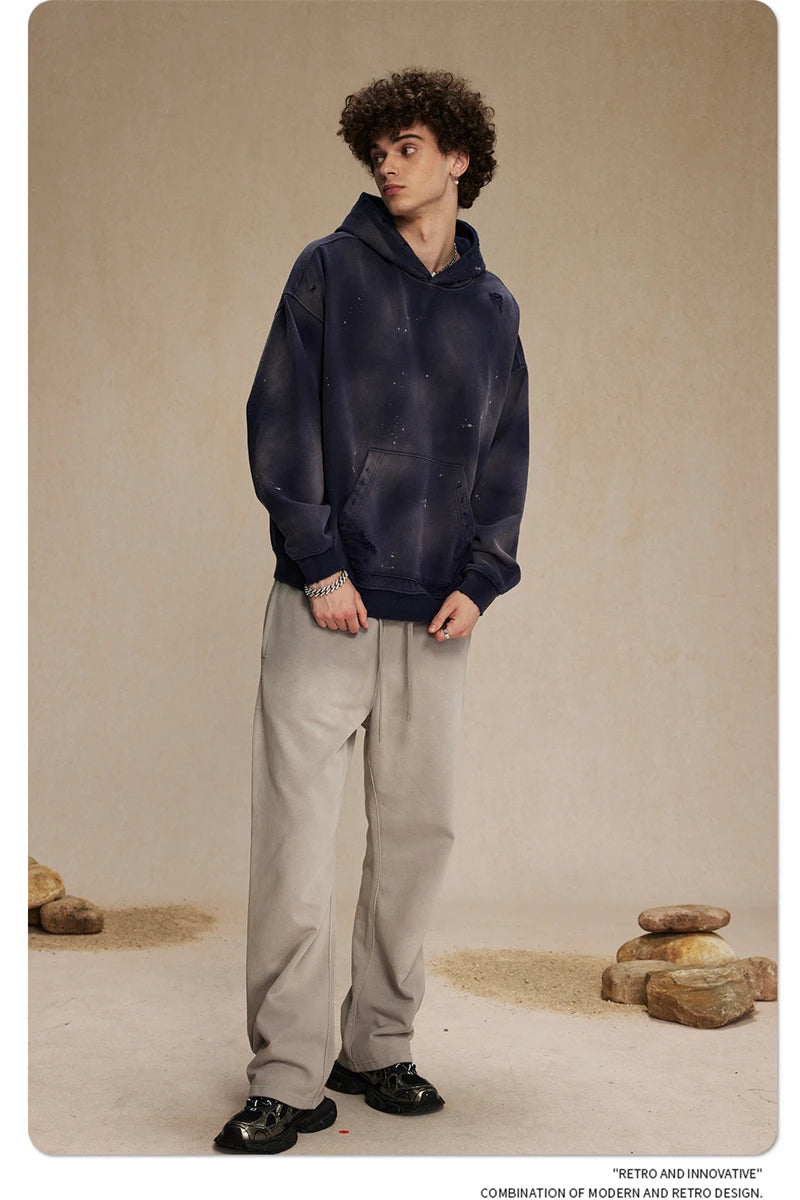 ZODF Autumn Winter Spray Dyeing Ink Splashing Hoodies For Men Unisex 450gsm Washed Oversized Knitted Hooded Pullovers HY0908