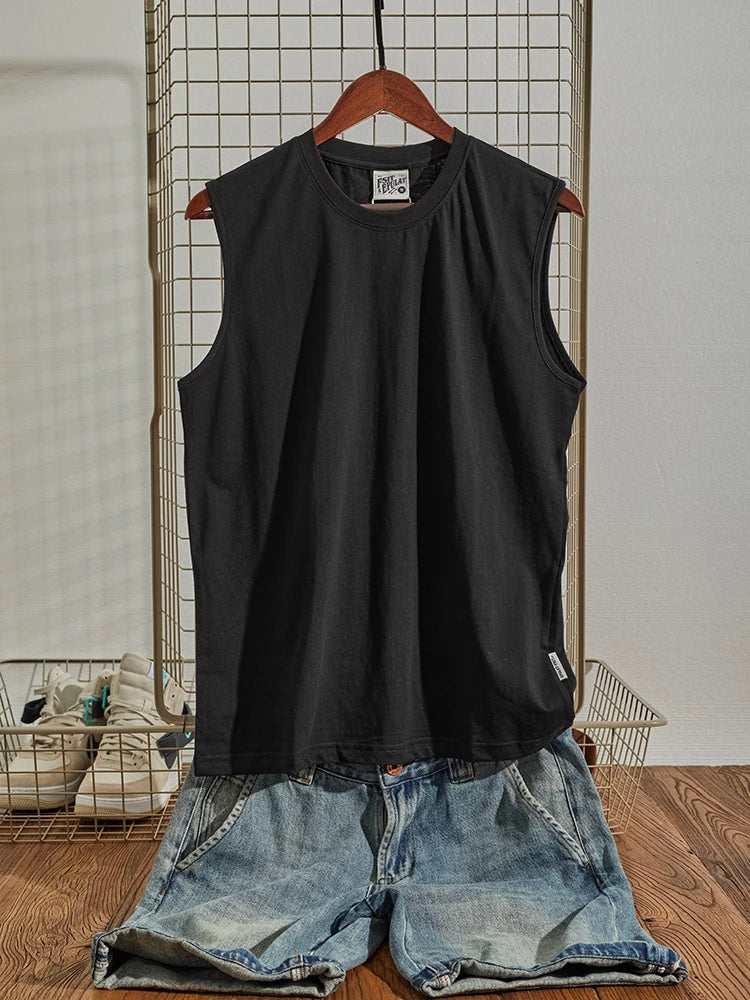 Summer New American Retro Sleeveless O-neck Soild Color T-shirt Men's Fashion 100% Cotton Washed Old Casual Sports Vest Tops
