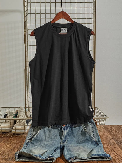Summer New American Retro Sleeveless O-neck Soild Color T-shirt Men's Fashion 100% Cotton Washed Old Casual Sports Vest Tops