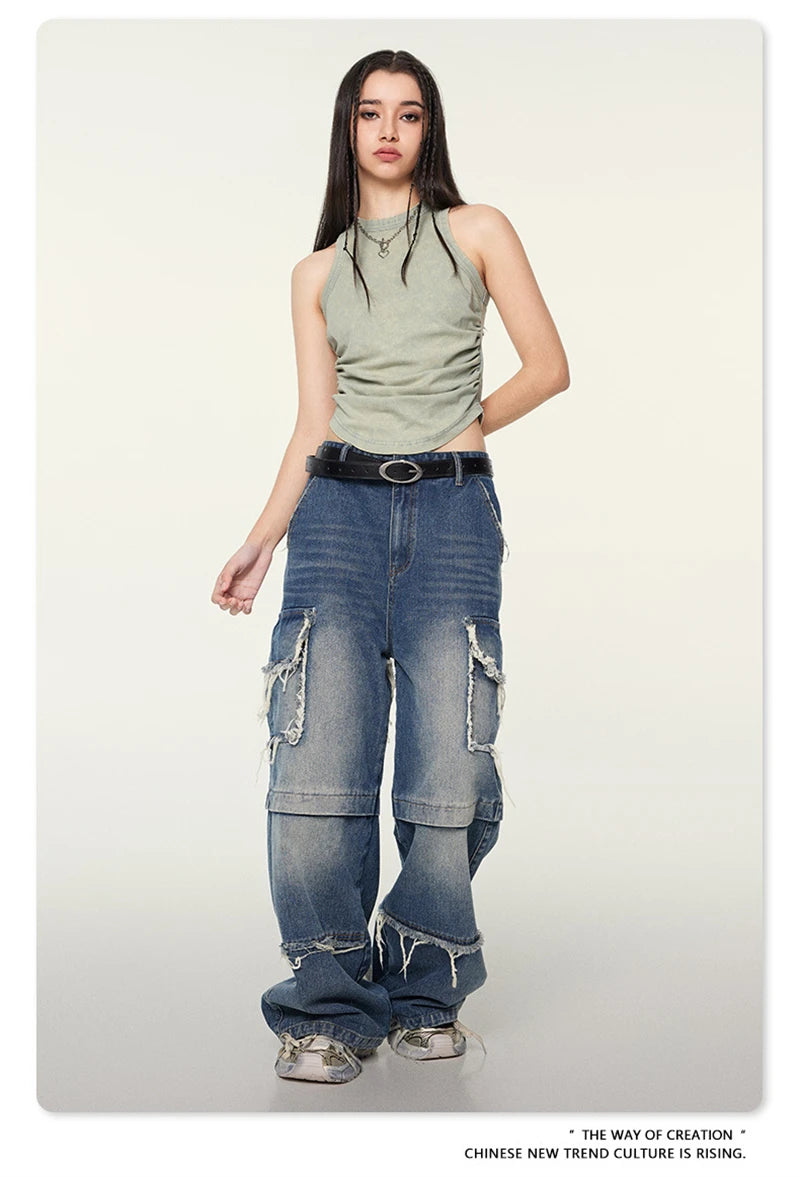 ZODF Women 2024 Summer Washed Tank Tops Female Hotsweet Girls 235gsm Slim Pleated Arc Hem Camisole TEE Streetwears HY0795