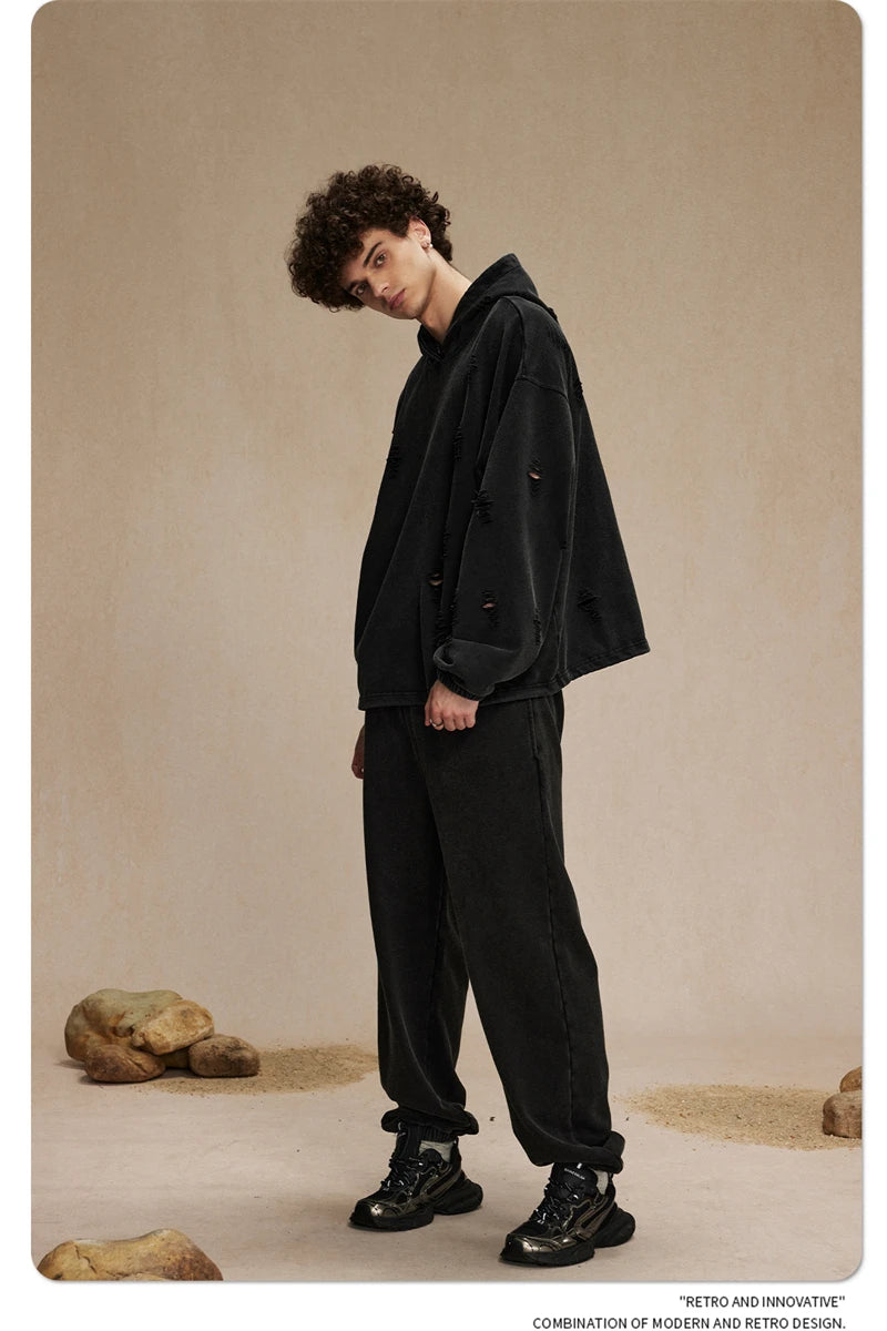 ZODF Vintage Winter Men Distressed 450gsm Hoodies Unisex High Street Ripped Holes Elastic Hem Hooded Pullovers Coat HY0932