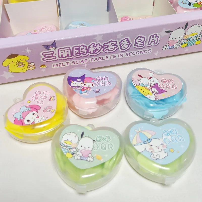 New 30pcs Sanrio Heart-Shaped Boxed Soap Flower Hand Wash Tablets Cartoon Kuromi Melody Colorful Petals Portable Disposable Gift