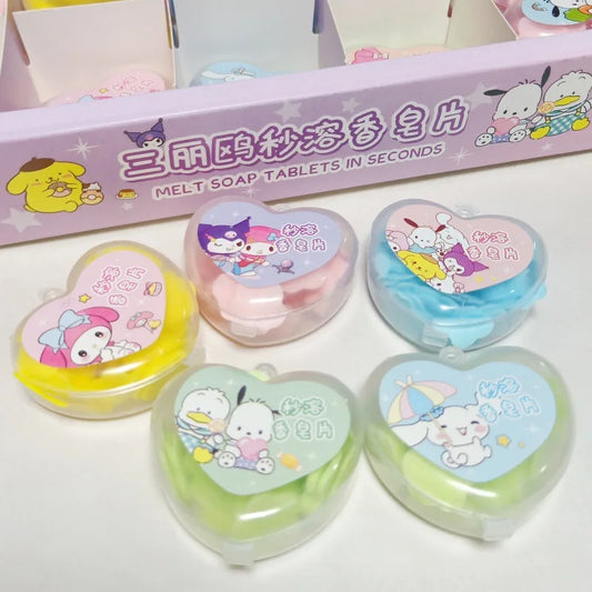 New 30pcs Sanrio Heart-Shaped Boxed Soap Flower Hand Wash Tablets Cartoon Kuromi Melody Colorful Petals Portable Disposable Gift
