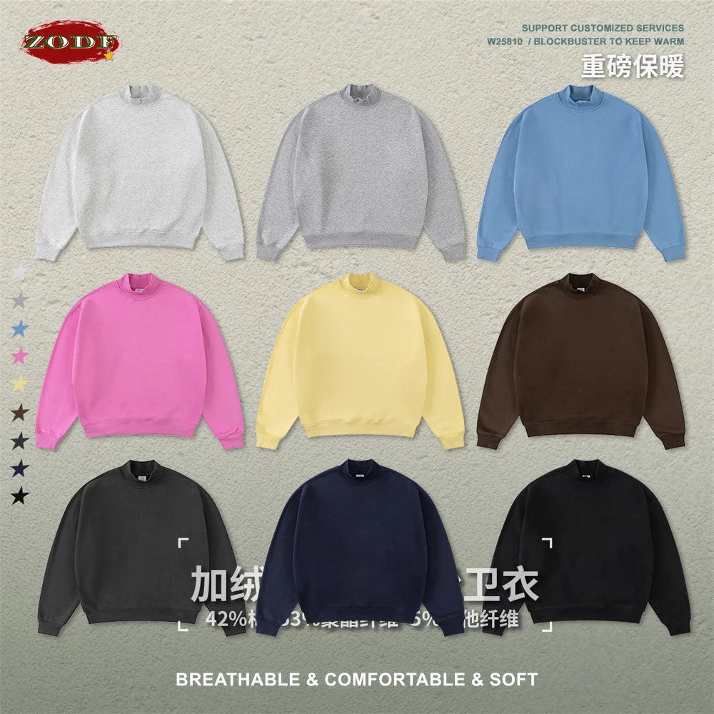 ZODF New Winter Man 345gsm Loose Fit Fleece Sweatshirt Unisex Cusual Boxy Warm Half Turtleneck Pullovers HY1181