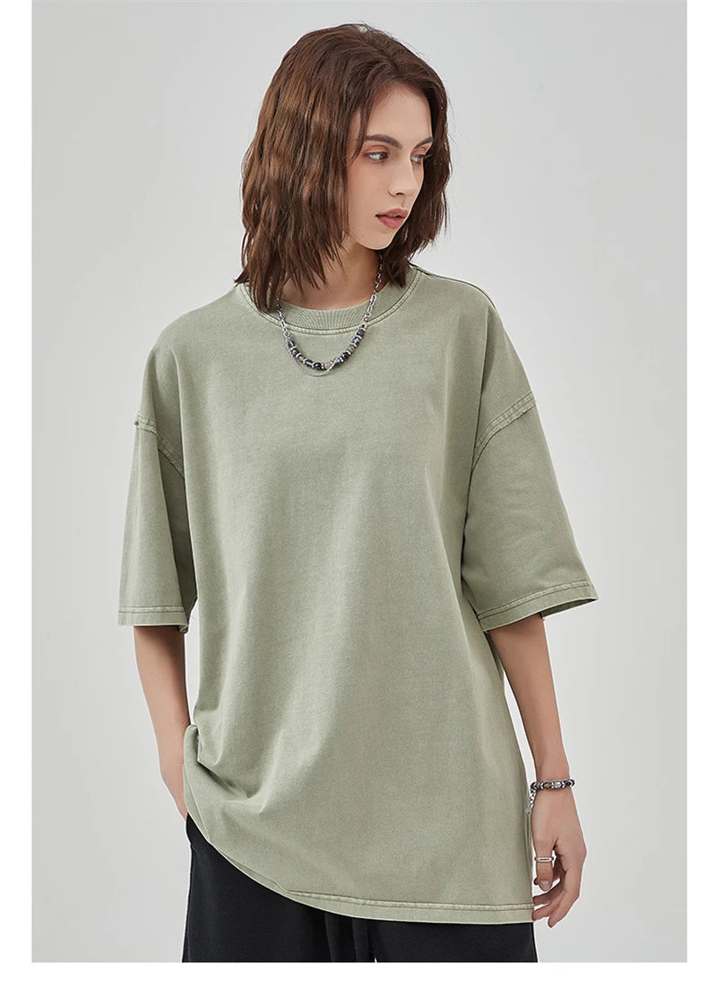 ZODF New Spring Summer Washed Cotton Solid T Shirts For Men Unisex High Street Loose Edge Oversized Noshrink T-Shirt Tee HY0465