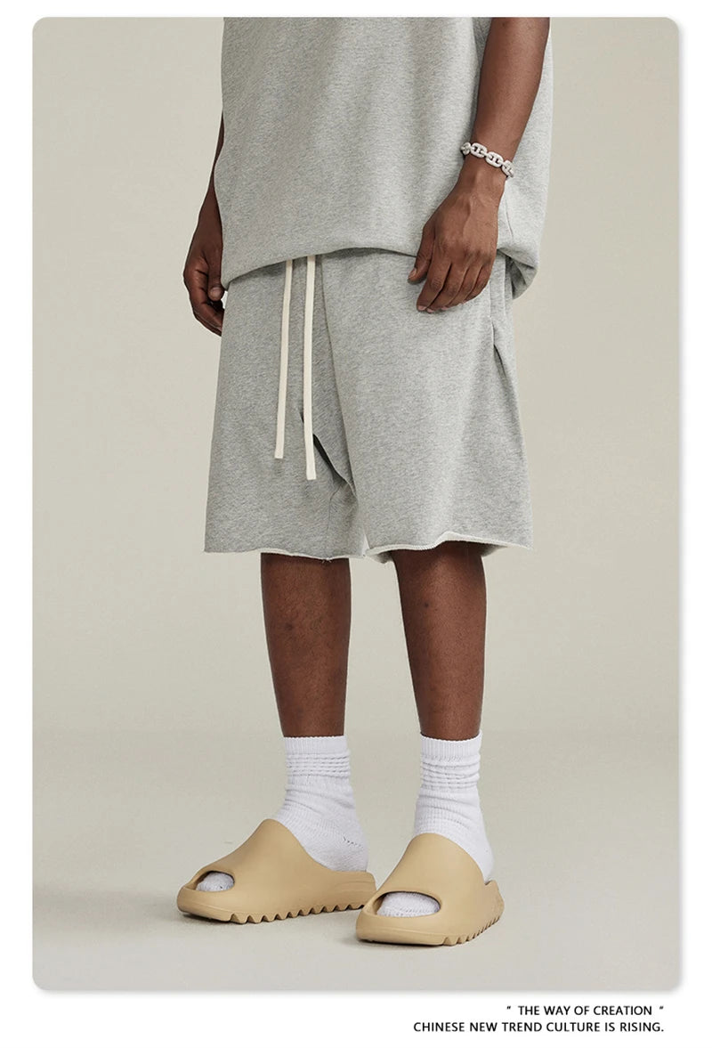 ZODF New Summer Men Retro Washed Shorts Unisex Drawstring Loose Edge 420gsm Solid Knee Length Cotton Pants Streetwears HY0589