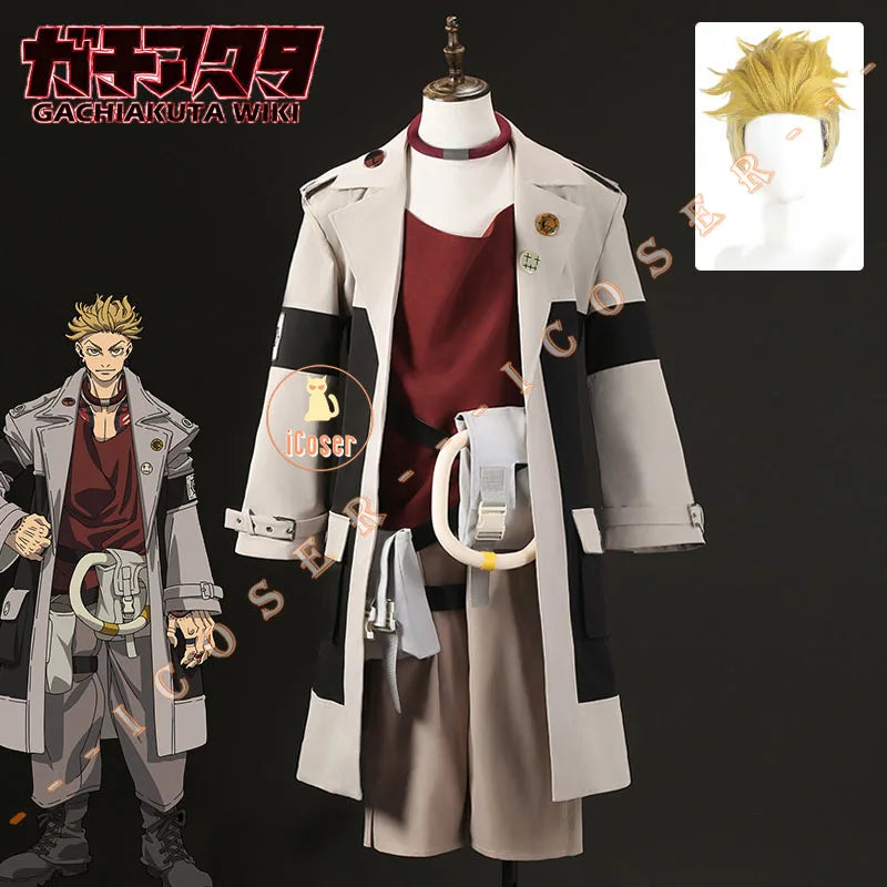 Anime Gachiakuta Enjin Cosplay Costume Wig Uniform Embroidery Earrings Badge Akuta Cleaners Halloween Party Women Men Role Play