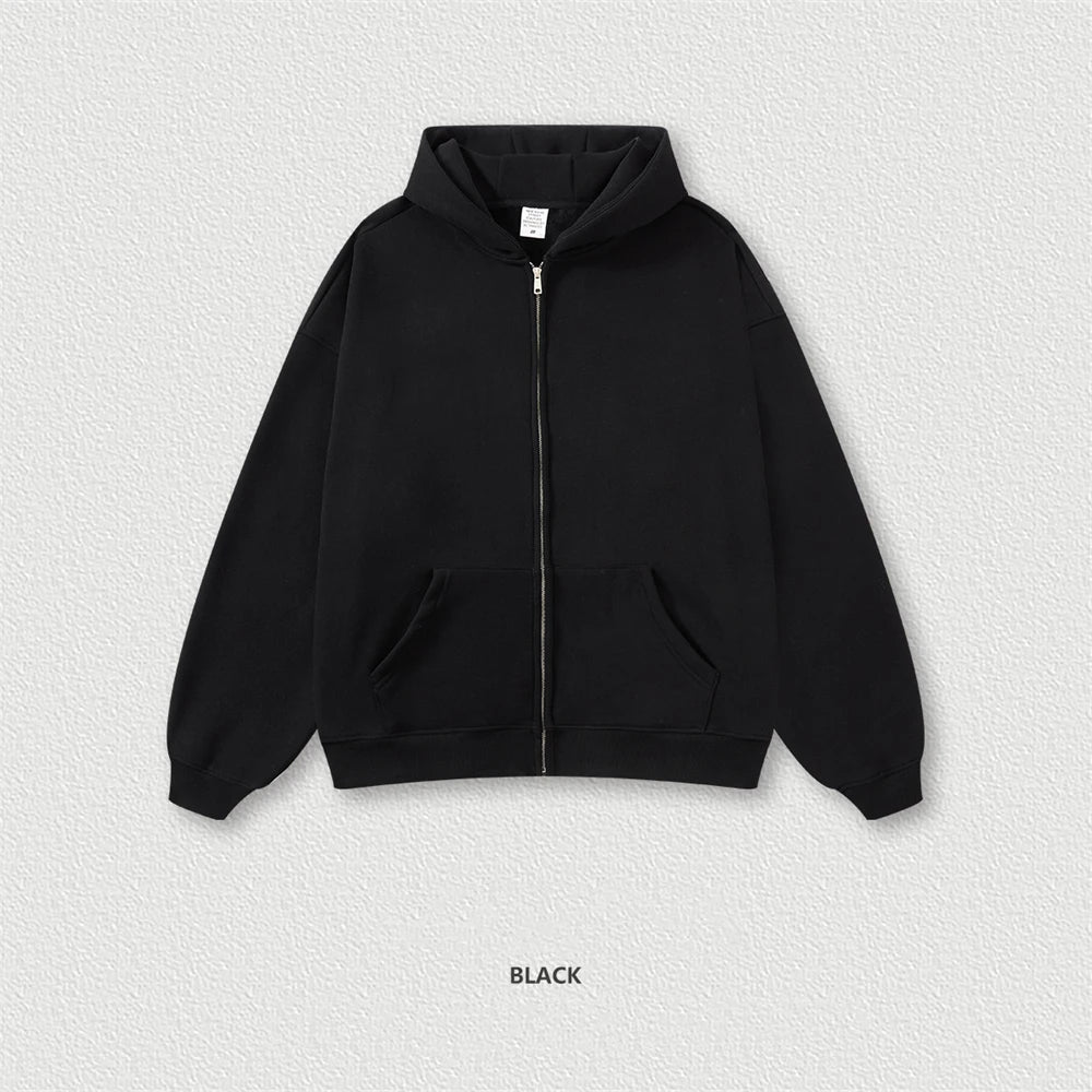 ZODF New Winter Men Zipper Fleece Hoodies Unisex Loose Heavy Weight Thick Warm Basic 420gsm Hooded Coats Hoodie HY0747