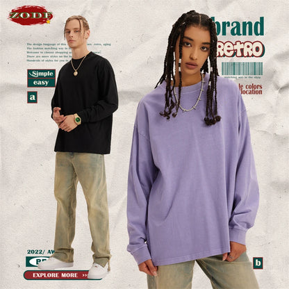 ZODF New Autumn Men's 260gsm 100% Cotton T Shirts Unisex Retro High Street Loose Washed Solid Tees Streetwears HY0376