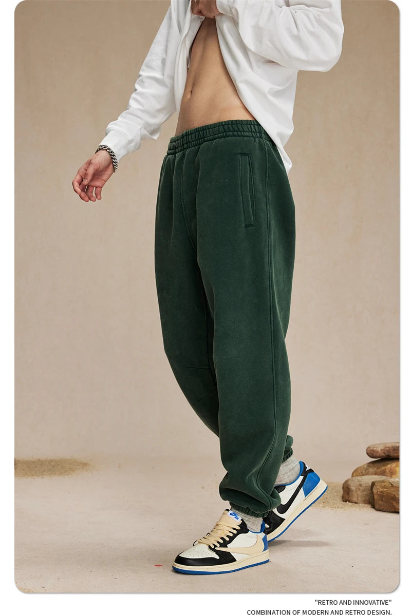 ZODF Retro Winter 360gsm Batik Washed Fleece Sweatpants Unisex Loose Drawstring Warm Joggers HY0714