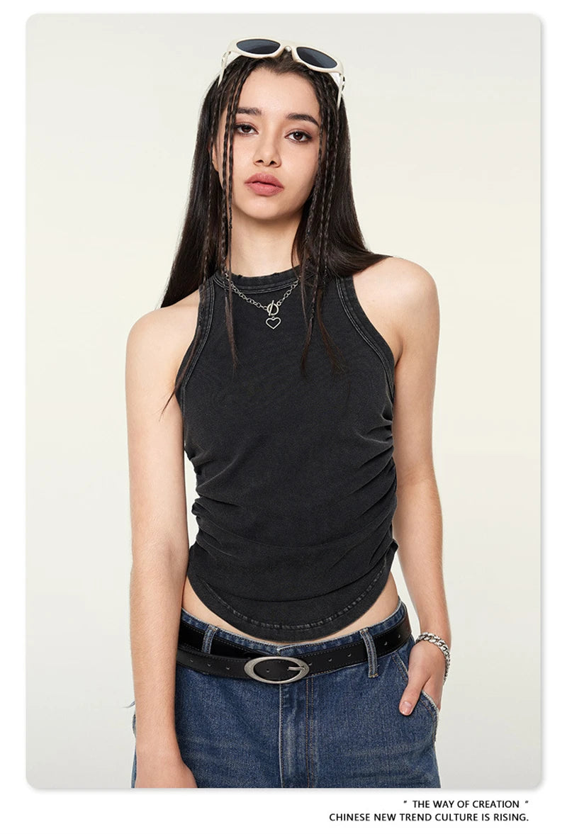 ZODF Women 2024 Summer Washed Tank Tops Female Hotsweet Girls 235gsm Slim Pleated Arc Hem Camisole TEE Streetwears HY0795