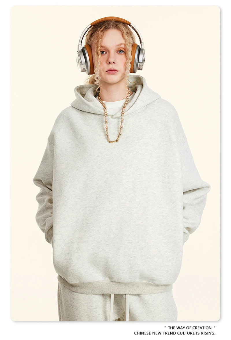 ZODF New Winter Men Solid Fleece Hoodies Unisex Women 345gsm Loose Warm Side Zipper Pocket Hooded Pullovers Brand Clothes HY0867