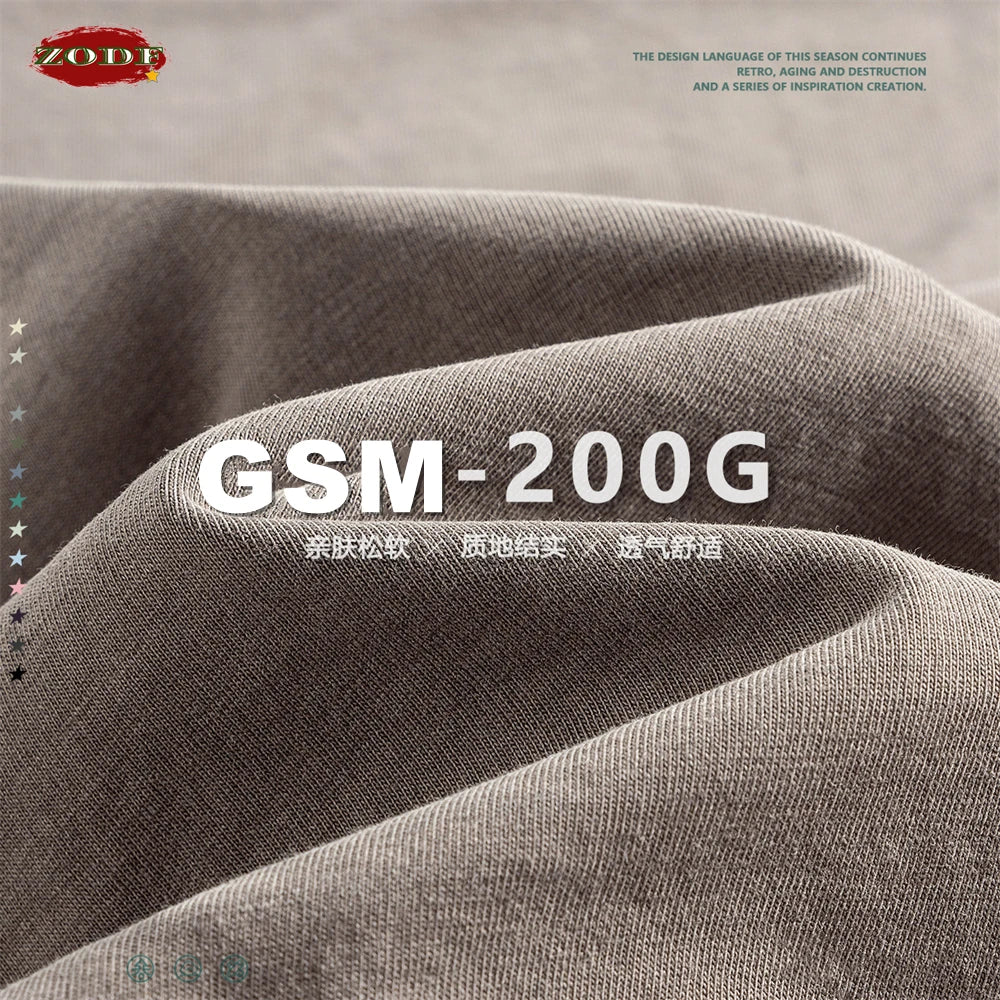 ZODF New Spring Summer 200gsm Washed Cotton T Shirts For Men Unisex Women Retro Casual Basic Solid T-Shirt Brand Tees HY0775