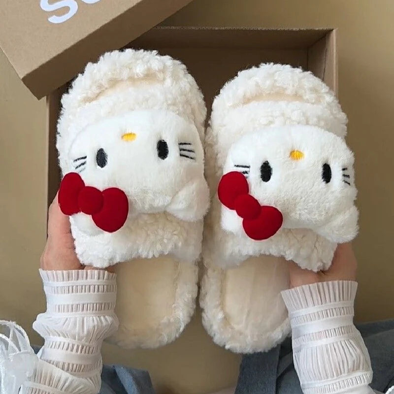 New Sanrio Sweet Hello Kitty Warm Cotton Slippers For Student Dormitory Comfortable One Word Hairy Adult Cotton Slippers