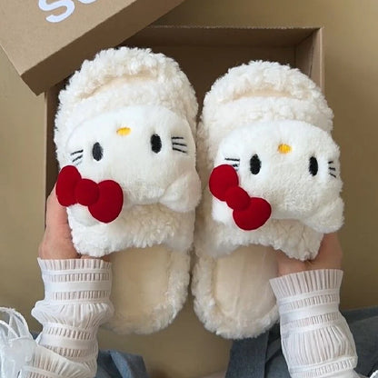 New Sanrio Sweet Hello Kitty Warm Cotton Slippers For Student Dormitory Comfortable One Word Hairy Adult Cotton Slippers