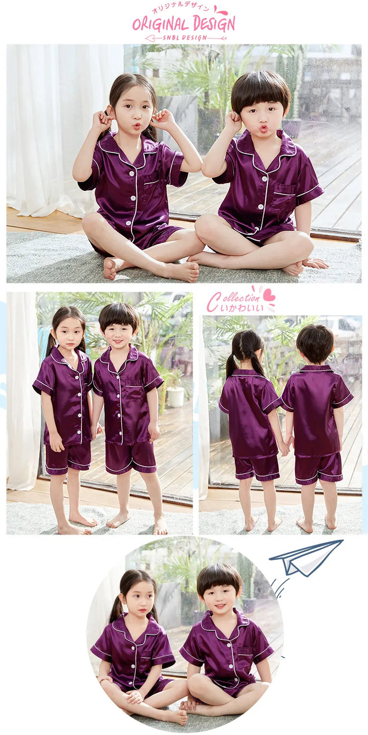 Boy Girl Satin Silk Pajamas Short Sets for Kids Toddler 3 4 5 6 7 8 9 10 11 12 13 14 Years Pink Summer Children Pijama Sleepwear