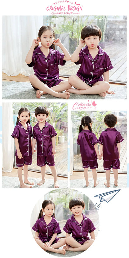Boy Girl Satin Silk Pajamas Short Sets for Kids Toddler 3 4 5 6 7 8 9 10 11 12 13 14 Years Pink Summer Children Pijama Sleepwear