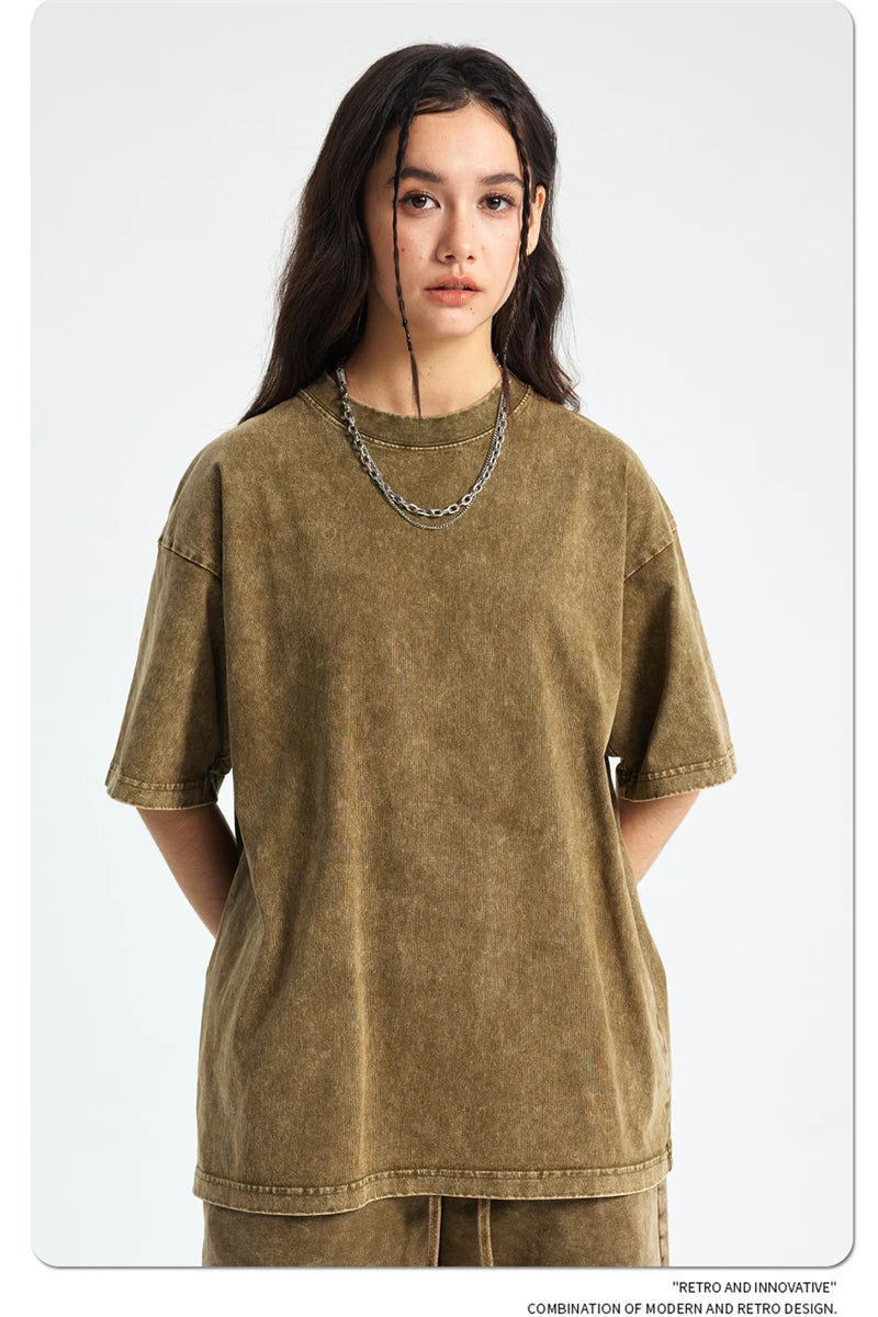 ZODF 2025 High Street Summer Washed Cotton Unisex Loose Retro Solid T-Shirt HY0113