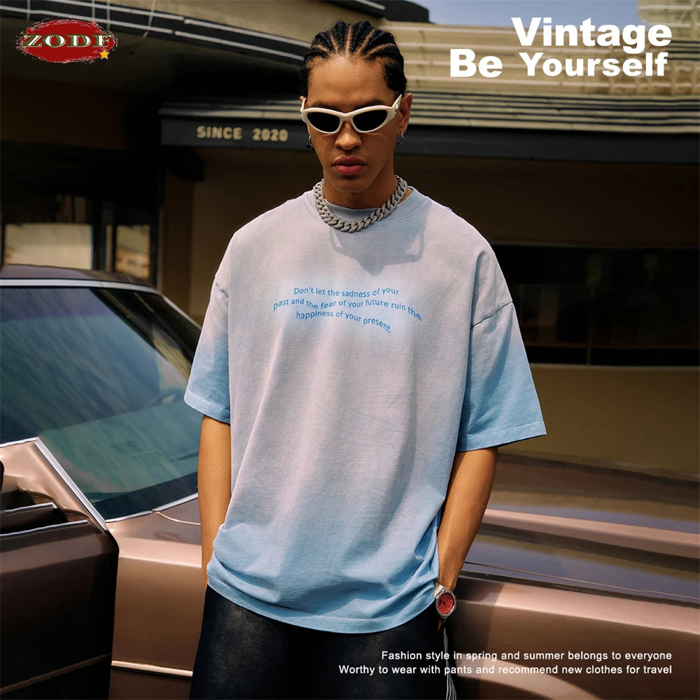 ZODF Summer High Street Printing T-Shirts For Men Unisex Retro Washed 250gsm Ripped Cotton T Shirt Brand Tops HY0858
