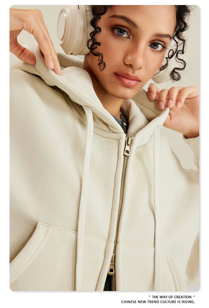 ZODF Retro 2025 Winter Women Short Zipper Hoodies Female Girls Loose 355gsm Thick Fleece Hooded Zip-up Coat Streetwears HY0448