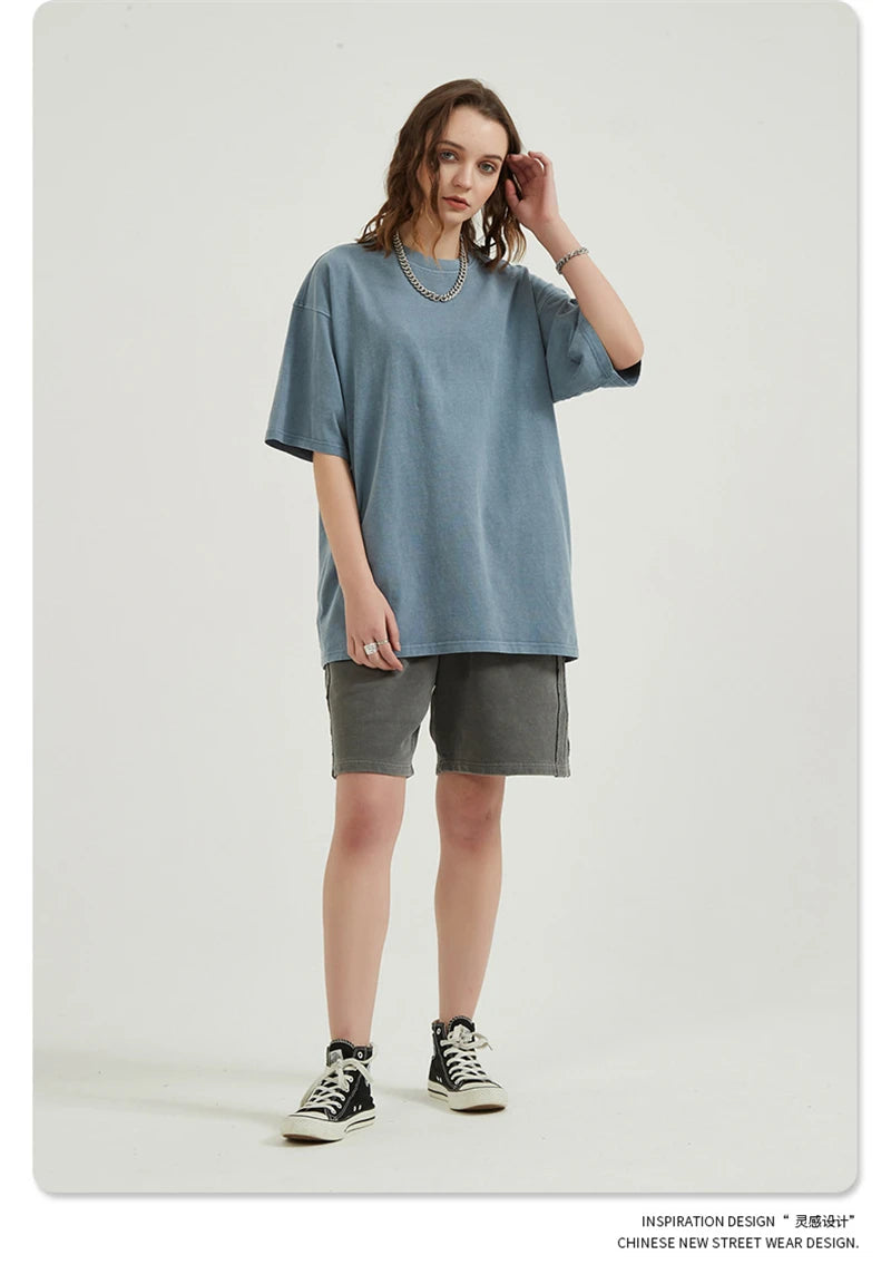 ZODF Men 2024 Retro Summer Washed Solid Cotton T-Shirts Unisex Retro Loose High Street 250gsm Basic Tees Streerwears HY0075