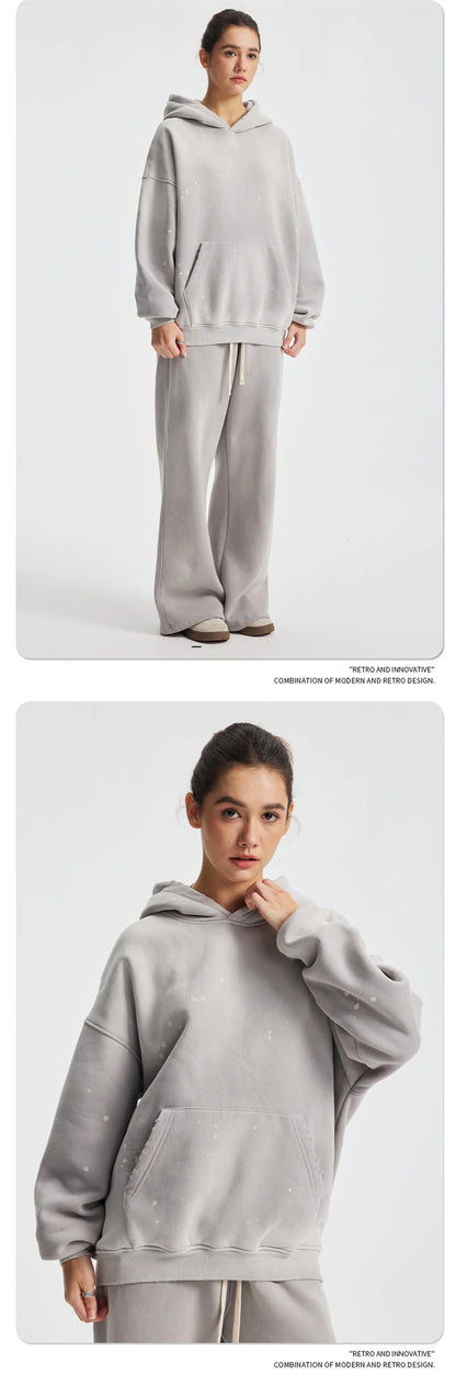 ZODF Trendy Men Washed 360gsm Fleece Hoodies Unisex Oversized Warm Paint Distressed Hooded Pullovers Winter Coat HY0947