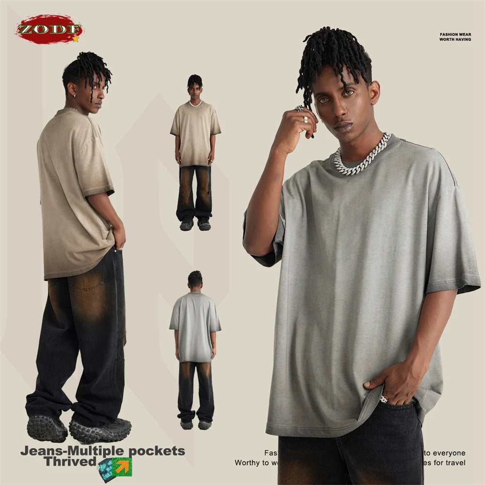 ZODF 2023 Men's Summer 255G Wash Gradient Fried Cotton T Shirt Round Neck Short Sleeve American Retro Loose T-Shirt HY0547