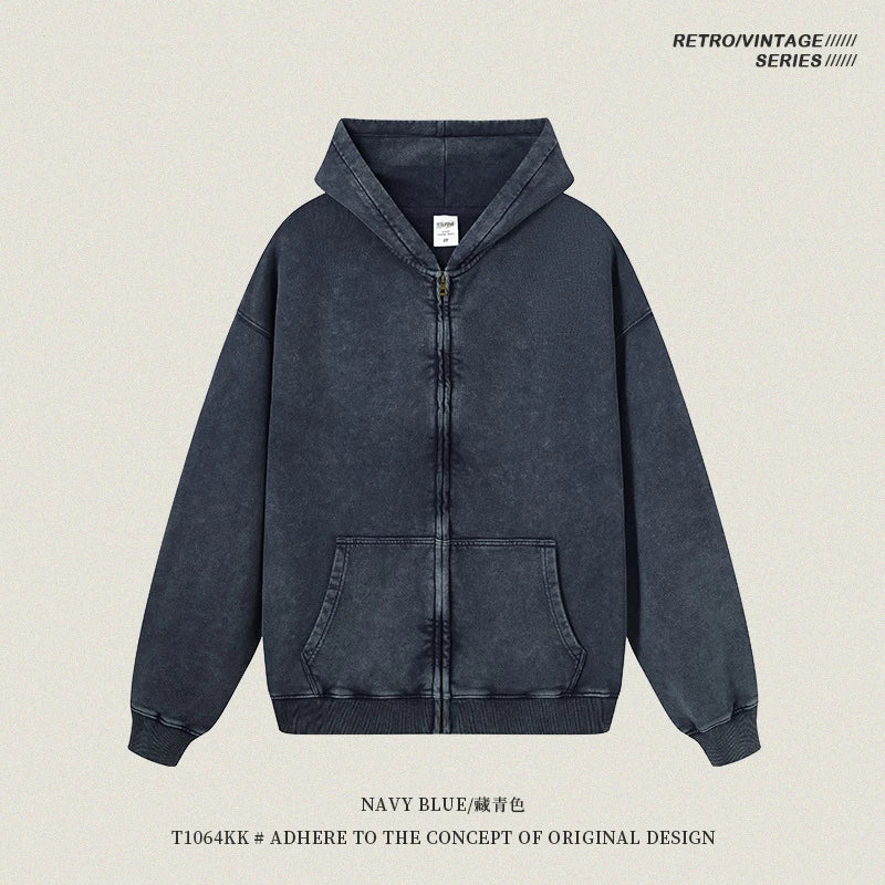 ZODF Retro Autumn Batik Washed 100% Cotton 420gsm Terry Oversized Distressed Zipper Hoodie Unisex HY0936 - Navy Blue
