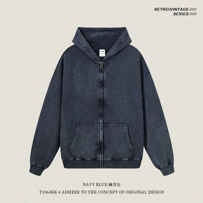 ZODF Retro Autumn Batik Washed 100% Cotton 420gsm Terry Oversized Distressed Zipper Hoodie Unisex HY0936 - Navy Blue