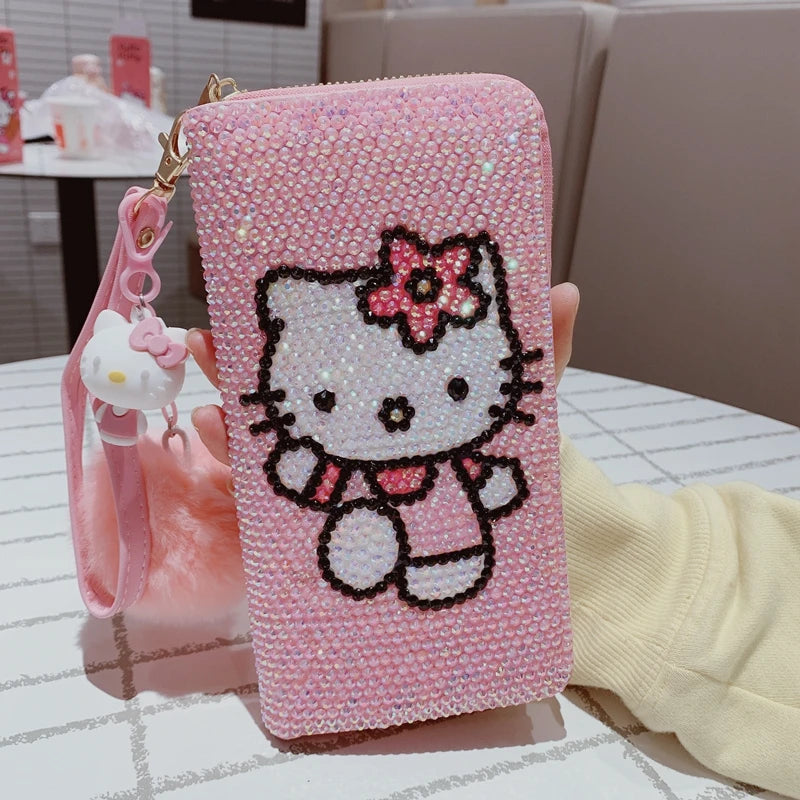 New Sanrio Cute Full Diamond Hello Kitty Wallet Sticker Full Diamond Lady Girl Heart Long Zipper Wallet Mobile Bag