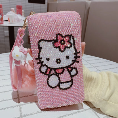 New Sanrio Cute Full Diamond Hello Kitty Wallet Sticker Full Diamond Lady Girl Heart Long Zipper Wallet Mobile Bag