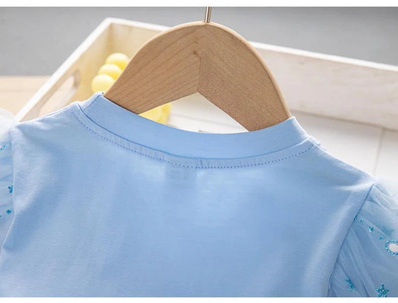 MINISO Girls Dress Blue Toddler Girl Mesh Lace Dress Summer Infant Fuffy Tulle Tutu Frozen Princess Dress 2 to 3 4 5 6 7 8Years