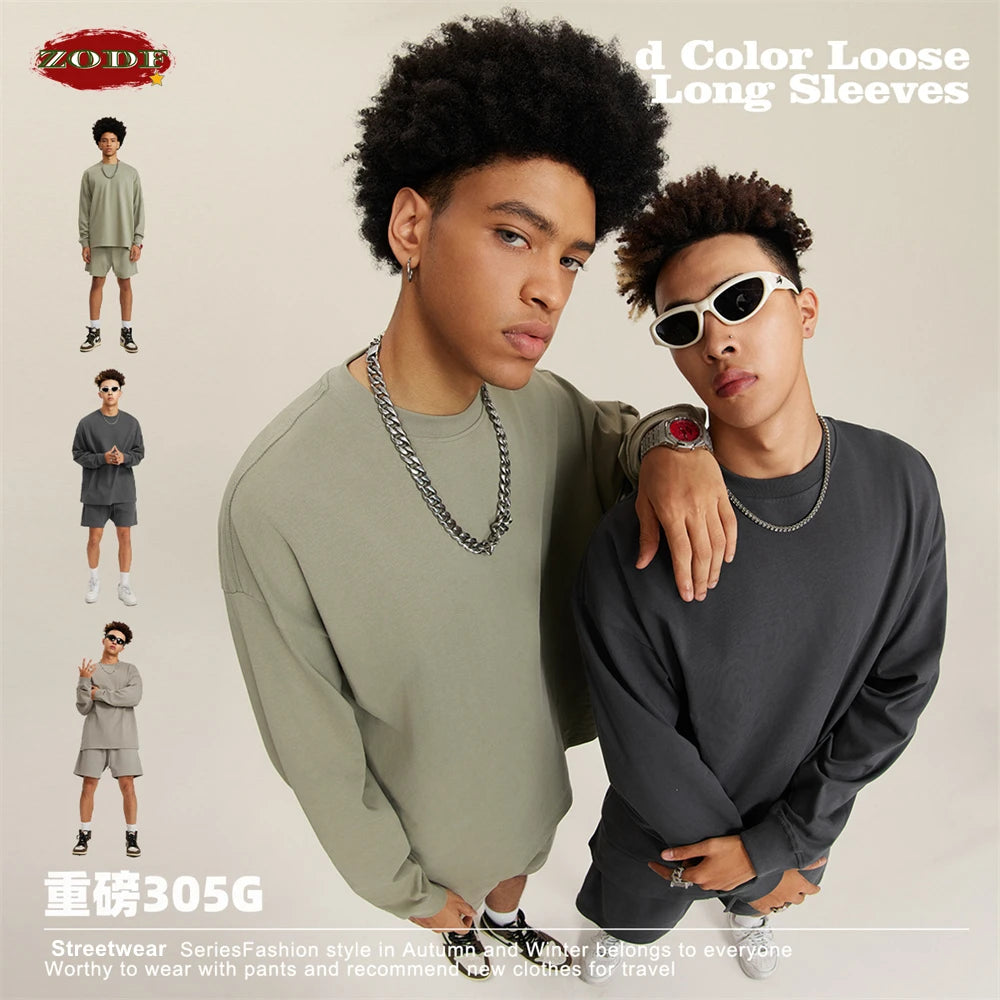 ZODF NEW Autumn Men's Solid Full Sleeve T Shirts Unisex Loose Oversized Casual 305GSM Cotton Basic T-Shirt Brand TEE HY0209