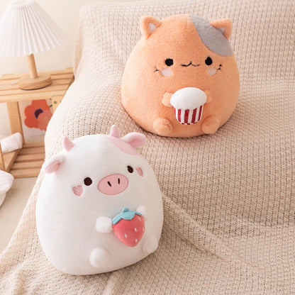 ZU New Arrival Kawaii Stuffed Animal Strawberry Cow Popcorn Cat Plushies Doll Huggable Fat Big Hug Pillow Sofa Bed Decor Cushion