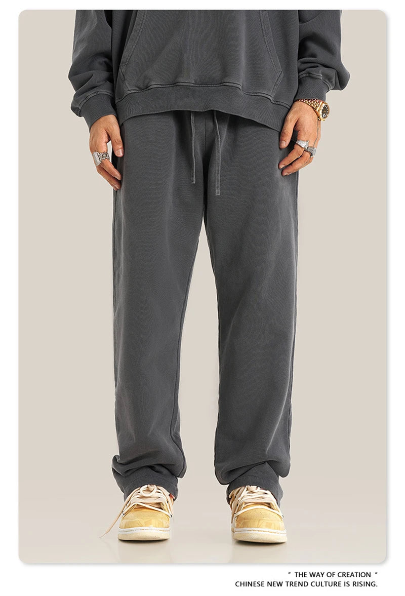ZODF Retro Men Autumn Washed 380gsm Cotton Unisex High Street Oversized Solid Sport Straight Pants HY0885