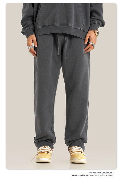 ZODF Retro Men Autumn Washed 380gsm Cotton Unisex High Street Oversized Solid Sport Straight Pants HY0885
