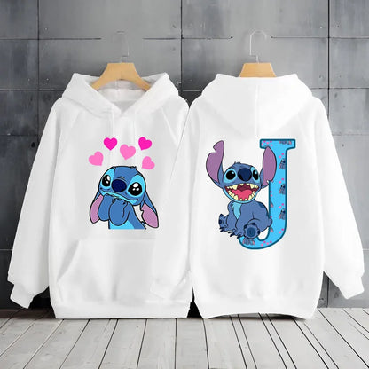 2025 Women's Winter Jacket Cute Kawaii Disney Lilo & Stitch Lucky Letter Print White Hoodie Fashion Couple Streetwear Sportswear