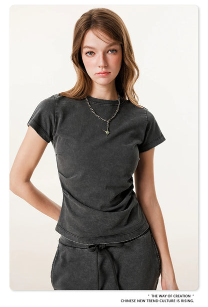 ZODF Retro 2025 Summer Women 285gsm T-Shirts Hotsweet Girls Sexy Slim Fit Washed Distressed T Shirt Brand Tees HY1013