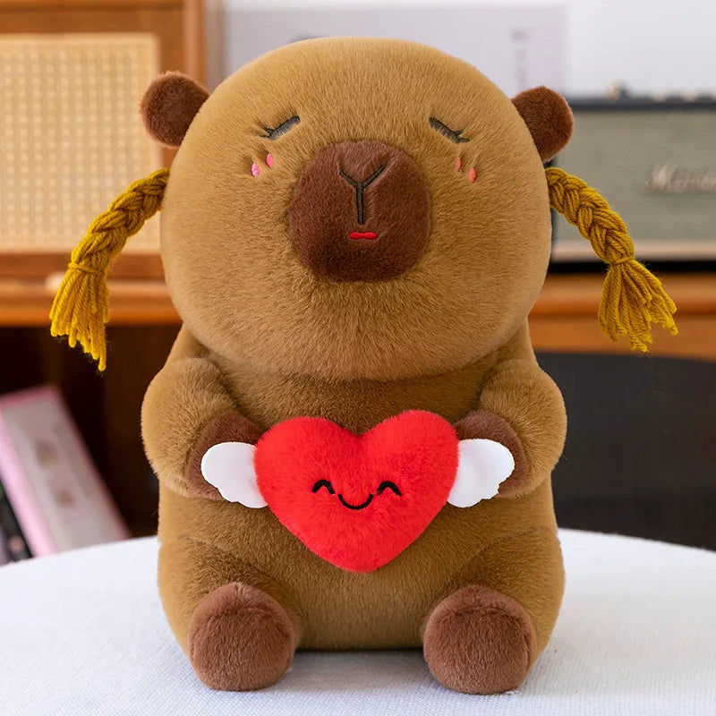 Capybara Plush Toy Cute Ugly Charming Love Heart Hair Braid Pillow Stuffed Animal Kids Birthday Christmas Gift for Children