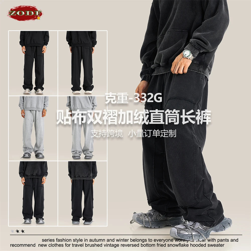 ZODF Fashion 2024 Winter Patches Fleece Straight Pants Retro Unisex Loose Washed 305gsm Warm Soft Trousers Brand Bottoms HY0872