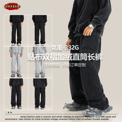 ZODF Fashion 2024 Winter Patches Fleece Straight Pants Retro Unisex Loose Washed 305gsm Warm Soft Trousers Brand Bottoms HY0872