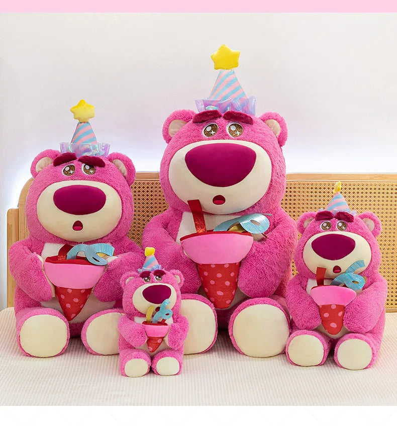 Disney Plush Strawberry Bear Doll with Birthday Hat Cute Stuffed Animal for Kids Birthday Xmas Gift Perfect Toy for Children And