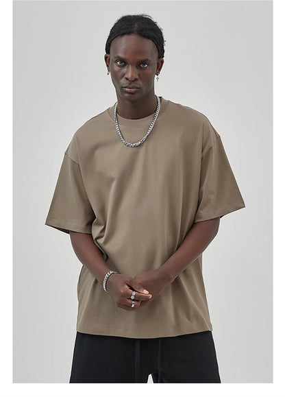 ZODF New Summer Men 275gsm Cotton T Shirts Unisex Women High Street Oversized FG Noshrink Solid T-Shirt Streetwears HY0152