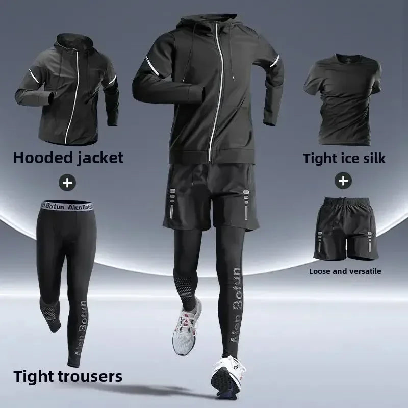 Men’s Fitness Running Set Tight-Fit Quick-Dry Sportswear for Autumn Night Runs Training and Cycling Gear - Dark Grey