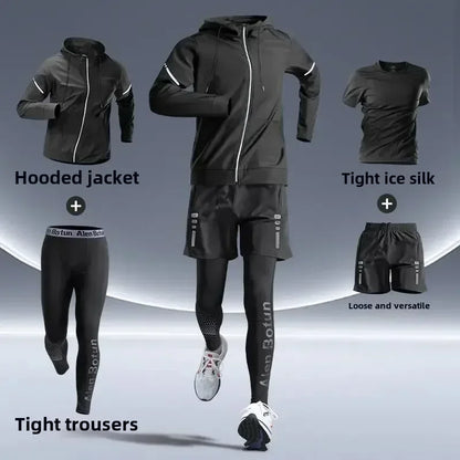 Men’s Fitness Running Set Tight-Fit Quick-Dry Sportswear for Autumn Night Runs Training and Cycling Gear - Dark Grey