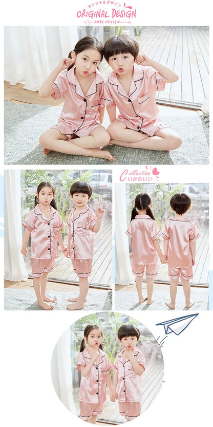 Purple Satin Pajamas Sets for Girls Outfit Sleepwear Set Silk Short Sleeve Pijama Toddler Boy Children's Clothing Kids Home Wear